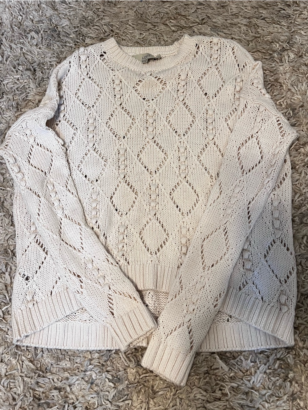 LOFT Cream Open-Knit Diamond Crewneck Sweater